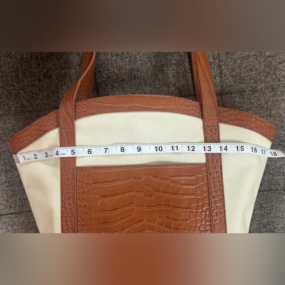Sancia Minka Canvas and Croc Embossed Cowhide Leather Tote Bag In Cognac/White - Picture 12 of 16